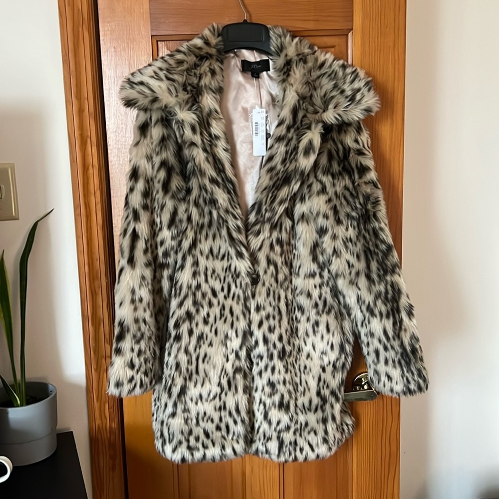 NWT J. Crew Leopard faux-fur coat